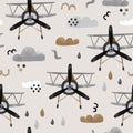 Watercolor seamless pattern with retro aircraft, clouds, drops. Childish texture with airplane. Vector illustration