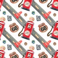 watercolor seamless pattern with retro gas station