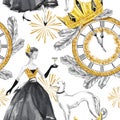 Watercolor seamless pattern in retro gold style. Beautiful woman with champagne, Greyhound dogs, jewellery clock, diadem Royalty Free Stock Photo