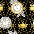 Watercolor seamless pattern in retro gold style. Jewellery diadem and clocks, fir branches, golden cake on black