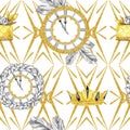 Watercolor seamless pattern in retro gold style. Jewellery diadem and clocks, fir branches, golden cake on white