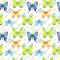 Watercolor seamless pattern in retro style with butterflies, moths, and stripes