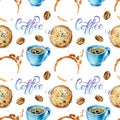 Watercolor seamless pattern in retro style with coffee cups, splashes and coffee bean