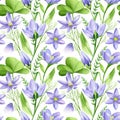 Watercolor seamless pattern in retro style with spring flowers and green leaves