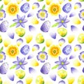 Watercolor seamless pattern in retro style with spring flowers, petals and eggs