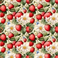 watercolor seamless pattern of ripe strawberries, leaves and flowers