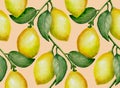 Watercolor seamless pattern of ripe yellow lemons with leaves and lemon tree branch on light beige background Royalty Free Stock Photo