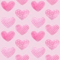 Watercolor seamless pattern with rose hearts with white ornament.