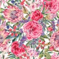 Watercolor seamless pattern with roses, protea and wildflowers Royalty Free Stock Photo