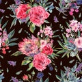 Watercolor seamless pattern with roses, protea and wildflowers Royalty Free Stock Photo