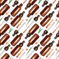 Watercolor seamless pattern row of various brown medicine glass pipette dropper bottle blank without copy space label Royalty Free Stock Photo