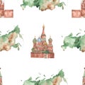 Watercolor seamless pattern with Russia landmarks, Kremlin, St. Basil`s Cathedral, Russia map