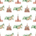 Watercolor seamless pattern with Russia landmarks, Kremlin, St. Basil`s Cathedral, Russia map on white background