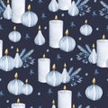 Rustic noel candles watercolor seamless pattern Royalty Free Stock Photo