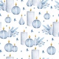 Rustic noel candles and pine branches watercolor seamless pattern Royalty Free Stock Photo