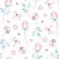 Watercolor seamless pattern with rustic Provence Rose flowers, hearts, bow, leaves. Hand drawn. For mother, birthday