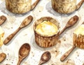 Watercolor seamless pattern of rustic wooden kitchenware with butter and spoons Royalty Free Stock Photo