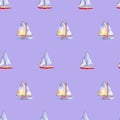 Watercolor seamless pattern with sailboats, bright hand-drawn background.