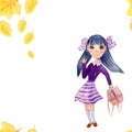 Watercolor seamless pattern about school with girl and autumn leaves. Royalty Free Stock Photo