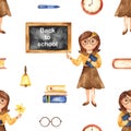Watercolor seamless pattern with school teacher, blackboard, books, clock