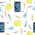 Watercolor Seamless Pattern About School. Welcome Back To School Art On The White Background.