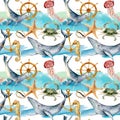 Watercolor seamless pattern with sea animals. Hand painted whale, jellyfish, starfish, crab and helm illustration
