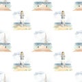 Watercolor seamless pattern sea cruise with seascape, yacht, lighthouse on white background