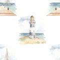 Watercolor seamless pattern sea cruise with seascape, yacht, lighthouse on white background
