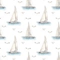 Watercolor seamless pattern sea cruise with yacht, catamaran in the sea and seagulls on white background