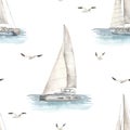 Watercolor seamless pattern sea cruise with yacht, catamaran in the sea and seagulls on white background