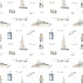 Watercolor seamless pattern sea cruise with yacht, lighthouse, airplane, suitcase, camera, beach umbrella on white background