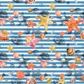 Watercolor seamless pattern with seashells, corals and starfishes. underwater illustration background.
