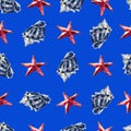 Watercolor seamless pattern with seashells and sea stars, watercolor background. Royalty Free Stock Photo