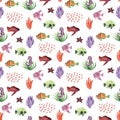 Watercolor seamless pattern with seaweed, animals and fish Royalty Free Stock Photo
