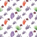 Watercolor seamless pattern with seaweed, animals and fish Royalty Free Stock Photo
