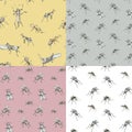 Watercolor seamless pattern set of flies, mosquitoes, grasshoppers pastel color sketch. Elegant insect drawn by hand