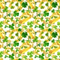 Watercolor seamless pattern with shamrocks, coins, horseshoes and harps. Illustrations with metal and natural texture in