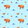 Watercolor Seamless pattern of sheep with closed eyes, clouds and chamomiles. Illustration isolated on blue background Royalty Free Stock Photo