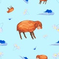 Watercolor Seamless pattern of sheep with closed eyes, clouds and chamomiles. Illustration isolated on blue background Royalty Free Stock Photo