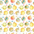Watercolor seamless pattern with shining gold Christmas baubles or balls on white Royalty Free Stock Photo