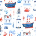 Watercolor seamless pattern with ships, crabs, starfish, sea houses, seaweeds and lighthouses on white