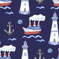 Watercolor seamless pattern with ships and lighthouses on navy blue