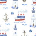 Watercolor seamless pattern with ships and lighthouses on white