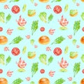 Watercolor Seamless pattern with shrimp, lime, tomato, salad, bun and herbs . Illustration isolated on blue background Royalty Free Stock Photo