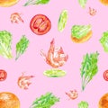 Watercolor Seamless pattern with shrimp, lime, tomato, salad, bun and herbs . Illustration isolated on red background Royalty Free Stock Photo