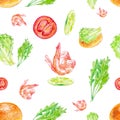 Watercolor Seamless pattern with shrimp, lime, tomato, salad, bun and herbs . Illustration isolated on white background Royalty Free Stock Photo