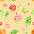 Watercolor Seamless pattern with shrimp, lime, tomato, salad, bun and herbs . Illustration isolated on yellow background Royalty Free Stock Photo