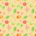 Watercolor Seamless pattern with shrimp, lime, tomato, salad, bun and herbs . Illustration isolated on yellow background Royalty Free Stock Photo