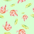 Watercolor Seamless pattern with shrimps and lime . Illustration isolated on green background Royalty Free Stock Photo