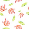 Watercolor Seamless pattern with shrimps and lime . Illustration isolated on white background Royalty Free Stock Photo